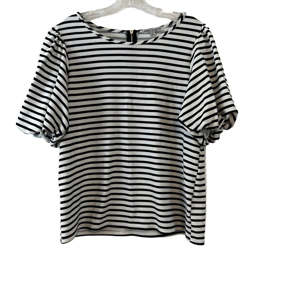 Green Envelope Puff Sleeve Striped Top Partial Zip Back Size Large